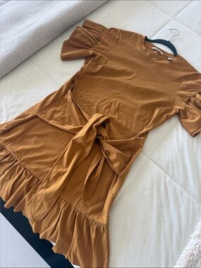 Scotch & Soda Camel Tie-Front Ruffle Mini Dress